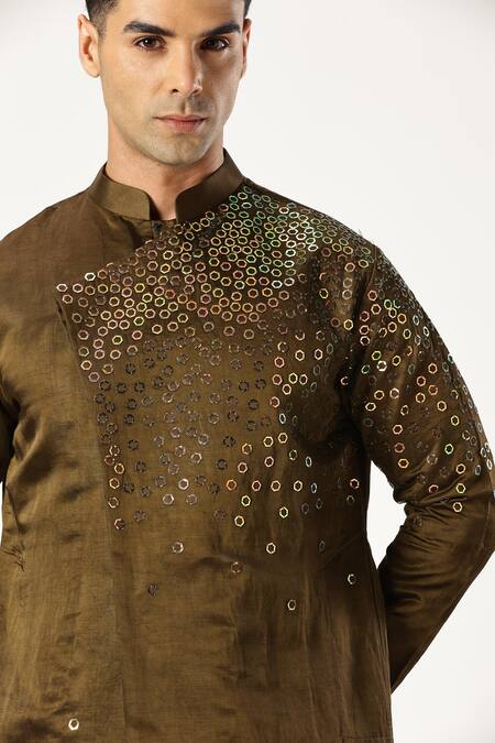 Paresh Lamba Signatures_Green Linen Silk Embellished Sequin Asymmetric Kurta _at_Aza_Fashions