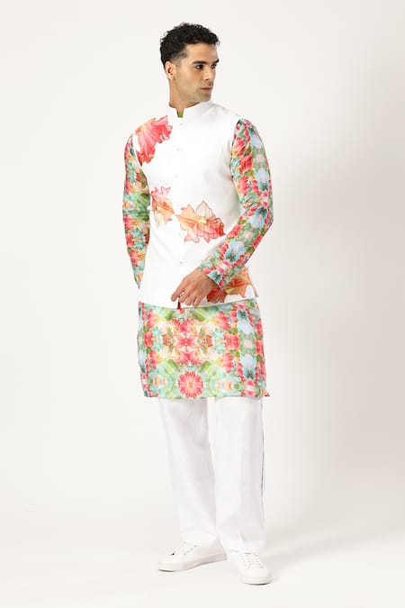 Buy_Paresh Lamba Signatures_White Linen Applique Floral Bundi _Online_at_Aza_Fashions
