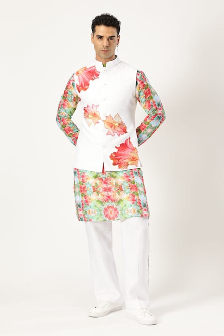 Shop_Paresh Lamba Signatures_White Linen Applique Floral Bundi _Online_at_Aza_Fashions