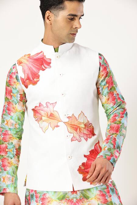 Buy_Paresh Lamba Signatures_White Linen Applique Floral Bundi 