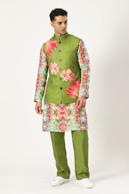 Paresh Lamba Signatures Floral Applique Green Linen Bundi 