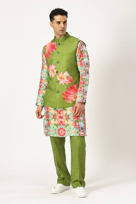 Paresh Lamba Signatures_Green Linen Applique Floral Bundi _Online_at_Aza_Fashions