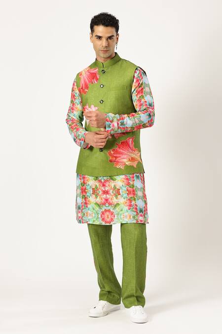 Buy_Paresh Lamba Signatures_Green Linen Applique Floral Bundi _Online_at_Aza_Fashions