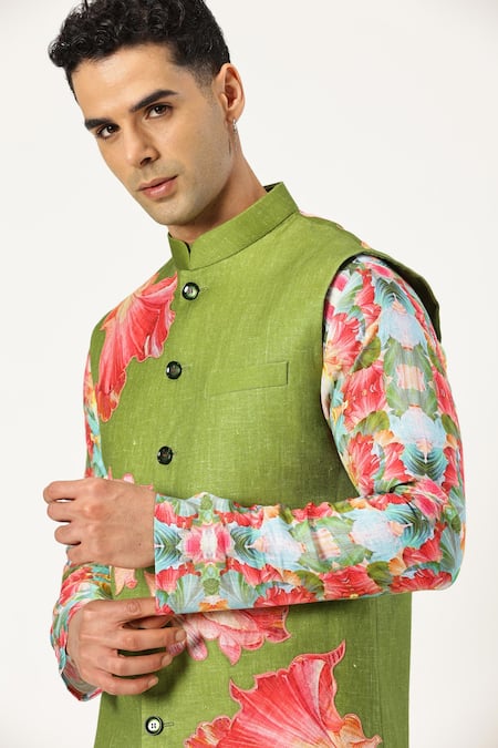 Shop_Paresh Lamba Signatures_Green Linen Applique Floral Bundi _Online_at_Aza_Fashions