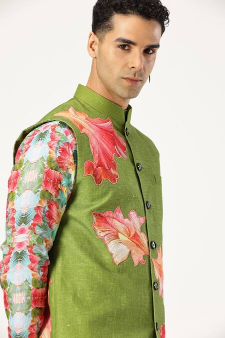 Paresh Lamba Signatures_Green Linen Applique Floral Bundi _at_Aza_Fashions