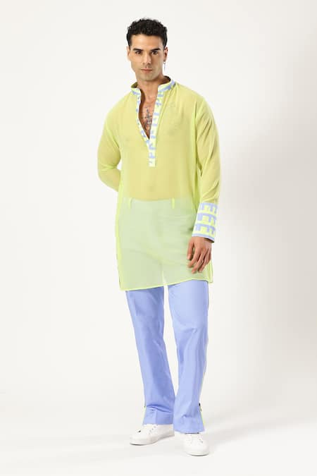 Paresh Lamba Signatures_Green Georgette Printed Checkered Border Kurta _Online_at_Aza_Fashions