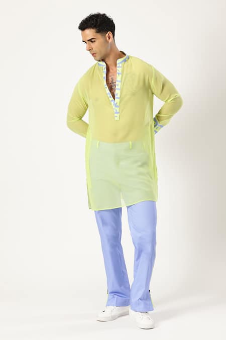 Buy_Paresh Lamba Signatures_Green Georgette Printed Checkered Border Kurta _Online_at_Aza_Fashions