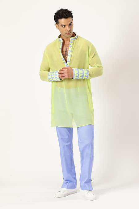 Shop_Paresh Lamba Signatures_Green Georgette Printed Checkered Border Kurta _Online_at_Aza_Fashions