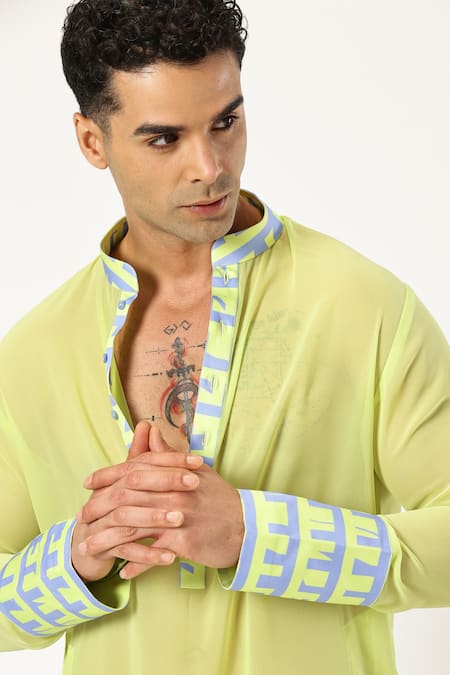 Paresh Lamba Signatures_Green Georgette Printed Checkered Border Kurta _at_Aza_Fashions