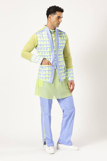 Buy_Paresh Lamba Signatures_Green Cotton Printed Checkered Bundi _Online_at_Aza_Fashions
