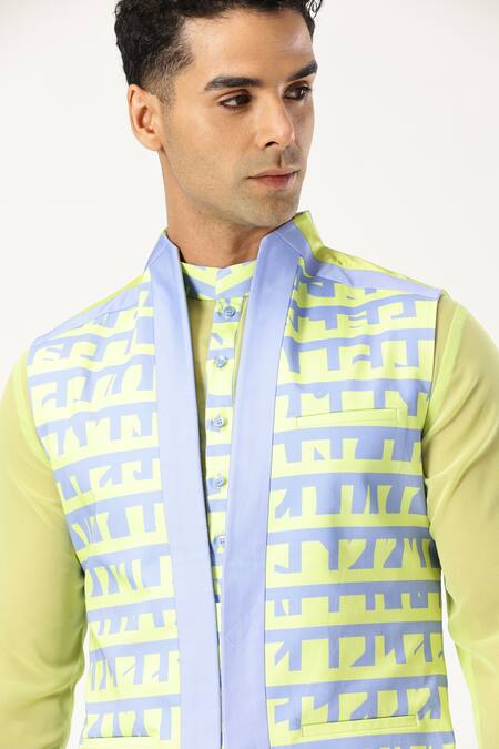 Shop_Paresh Lamba Signatures_Green Cotton Printed Checkered Bundi _Online_at_Aza_Fashions