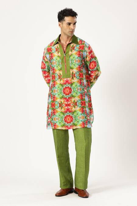Paresh Lamba Signatures_Green Crepe Silk Printed Floral Kurta _Online_at_Aza_Fashions