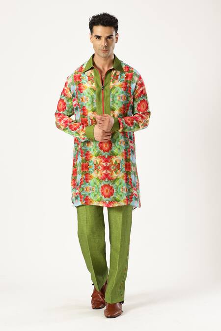 Buy_Paresh Lamba Signatures_Green Crepe Silk Printed Floral Kurta _Online_at_Aza_Fashions