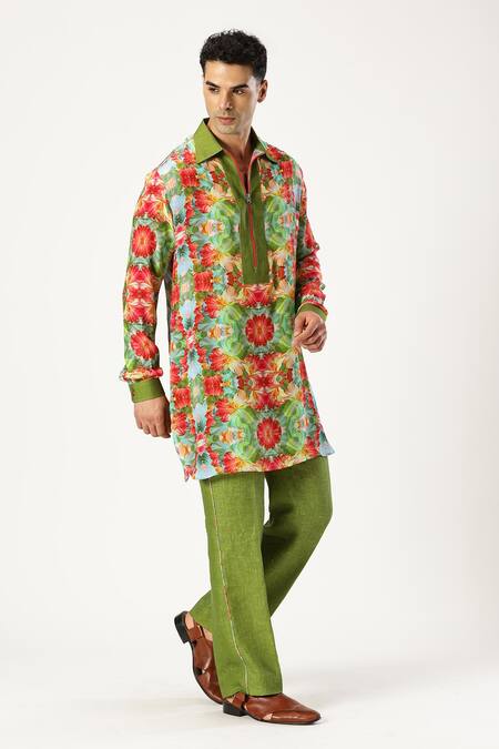 Shop_Paresh Lamba Signatures_Green Crepe Silk Printed Floral Kurta _Online_at_Aza_Fashions