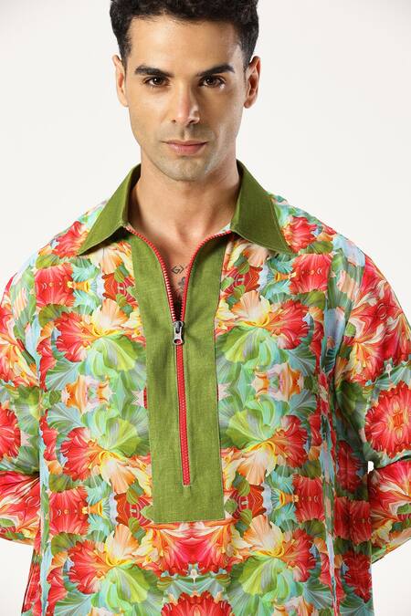 Paresh Lamba Signatures_Green Crepe Silk Printed Floral Kurta _at_Aza_Fashions