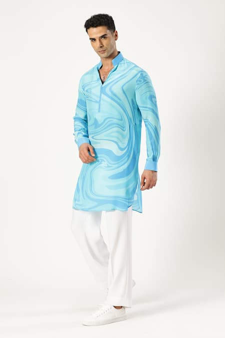 Paresh Lamba Signatures_Blue Crepe Silk Printed Abstract Kurta _Online_at_Aza_Fashions