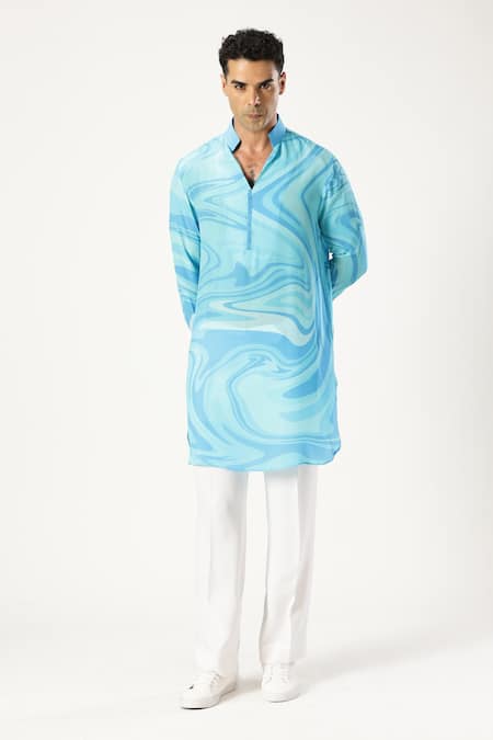 Buy_Paresh Lamba Signatures_Blue Crepe Silk Printed Abstract Kurta _Online_at_Aza_Fashions