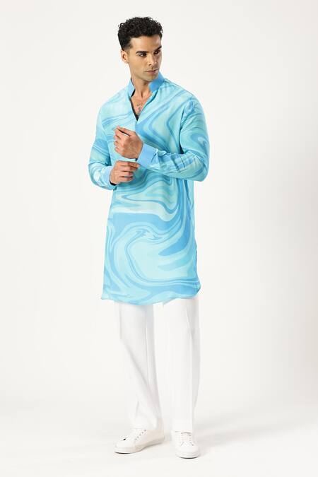 Shop_Paresh Lamba Signatures_Blue Crepe Silk Printed Abstract Kurta _Online_at_Aza_Fashions