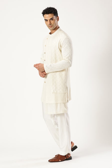 Paresh Lamba Signatures_Off White Georgette Embroidered Geometric Asymmetric Kurta _Online_at_Aza_Fashions