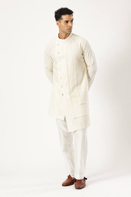 Shop_Paresh Lamba Signatures_Off White Georgette Embroidered Geometric Asymmetric Kurta _Online_at_Aza_Fashions