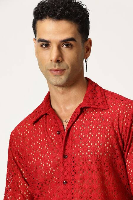 Paresh Lamba Signatures_Red Lycra Embroidery Cutwork Shirt_at_Aza_Fashions