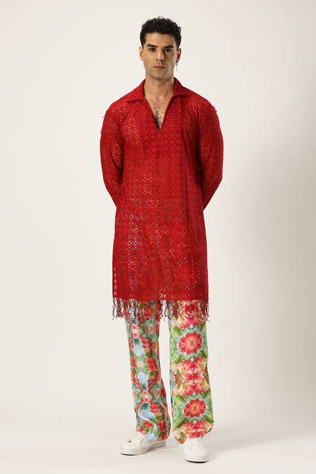 Paresh Lamba Signatures_Maroon Lycra Embroidery Cutwork Kurta_Online_at_Aza_Fashions