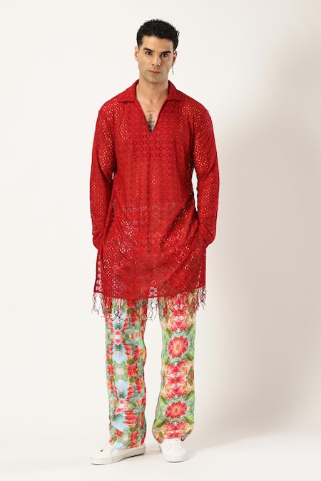 Buy_Paresh Lamba Signatures_Maroon Lycra Embroidery Cutwork Kurta_Online_at_Aza_Fashions