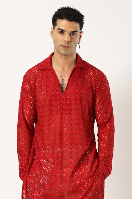 Shop_Paresh Lamba Signatures_Maroon Lycra Embroidery Cutwork Kurta_Online_at_Aza_Fashions