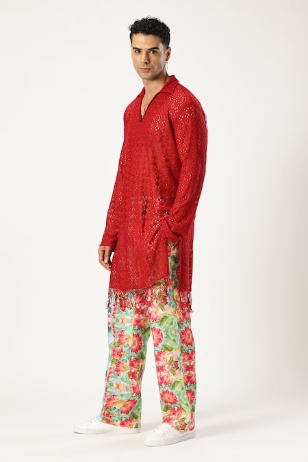 Paresh Lamba Signatures_Maroon Lycra Embroidery Cutwork Kurta_at_Aza_Fashions