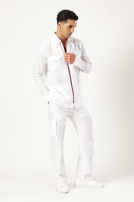 Paresh Lamba Signatures_White Linen Printed Plain Flap Pocket Shirt _Online_at_Aza_Fashions