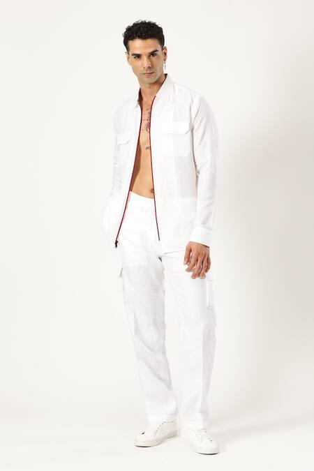 Shop_Paresh Lamba Signatures_White Linen Printed Plain Flap Pocket Shirt _Online_at_Aza_Fashions