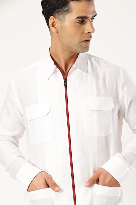 Paresh Lamba Signatures_White Linen Printed Plain Flap Pocket Shirt _at_Aza_Fashions