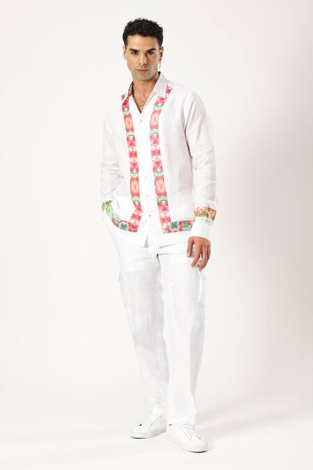 PARESH LAMBA SIGNATURES White Linen Printed Patchwork Stripe Shirt 