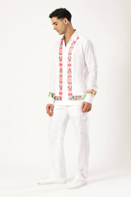 PARESH LAMBA SIGNATURES White Linen Printed Patchwork Stripe Shirt  3