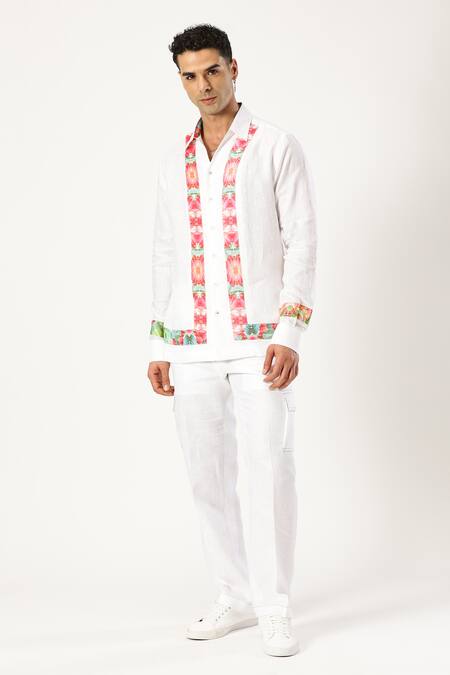 PARESH LAMBA SIGNATURES White Linen Printed Patchwork Stripe Shirt  4