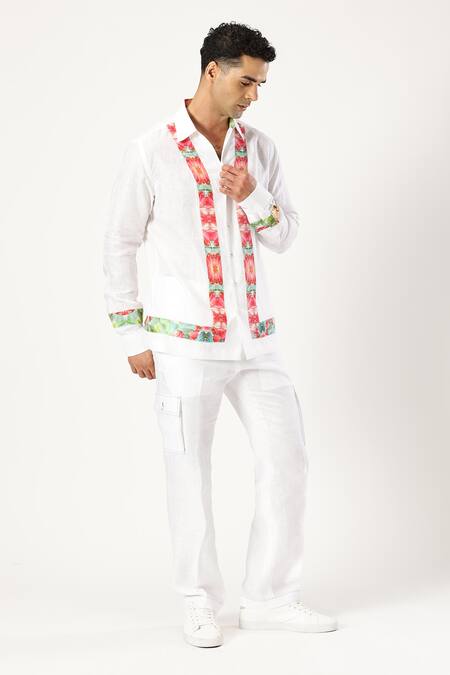 PARESH LAMBA SIGNATURES White Linen Printed Patchwork Stripe Shirt  5