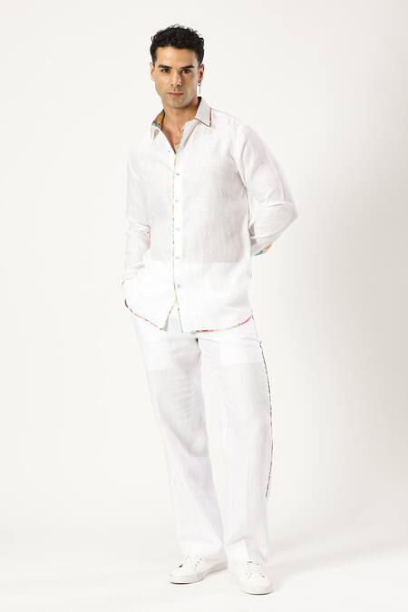 Paresh Lamba Signatures_White Linen Printed Patchwork Placed Shirt _Online_at_Aza_Fashions