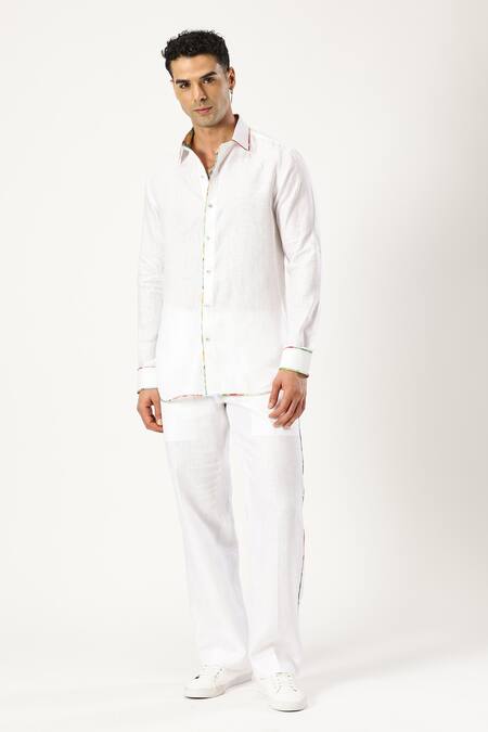 Buy_Paresh Lamba Signatures_White Linen Printed Patchwork Placed Shirt _Online_at_Aza_Fashions