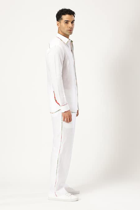 Shop_Paresh Lamba Signatures_White Linen Printed Patchwork Placed Shirt _Online_at_Aza_Fashions