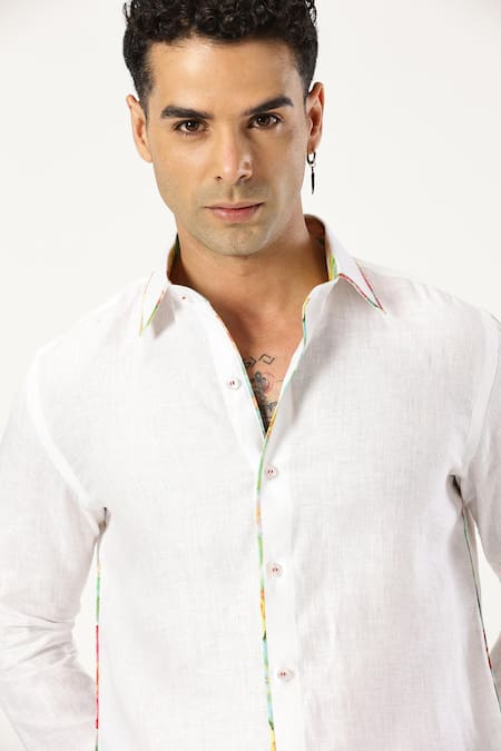 Paresh Lamba Signatures_White Linen Printed Patchwork Placed Shirt _at_Aza_Fashions