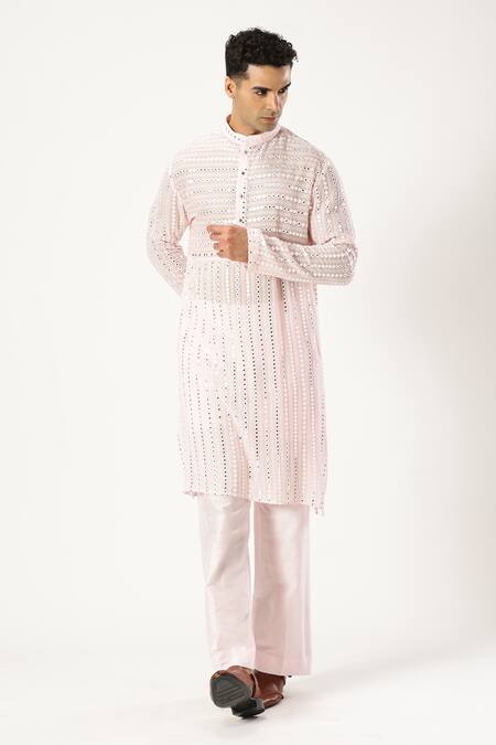 Paresh Lamba Signatures_Pink Georgette Mirrors, Embroidery Mirrorwork Embellished Kurta_Online_at_Aza_Fashions