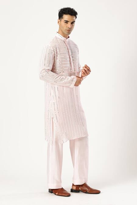 Buy_Paresh Lamba Signatures_Pink Georgette Mirrors, Embroidery Mirrorwork Embellished Kurta_Online_at_Aza_Fashions