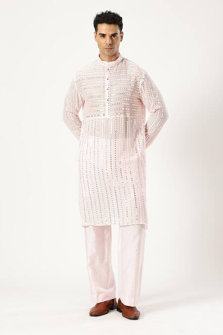 Shop_Paresh Lamba Signatures_Pink Georgette Mirrors, Embroidery Mirrorwork Embellished Kurta_Online_at_Aza_Fashions