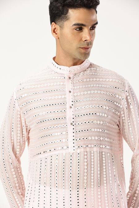 Paresh Lamba Signatures_Pink Georgette Mirrors, Embroidery Mirrorwork Embellished Kurta_at_Aza_Fashions