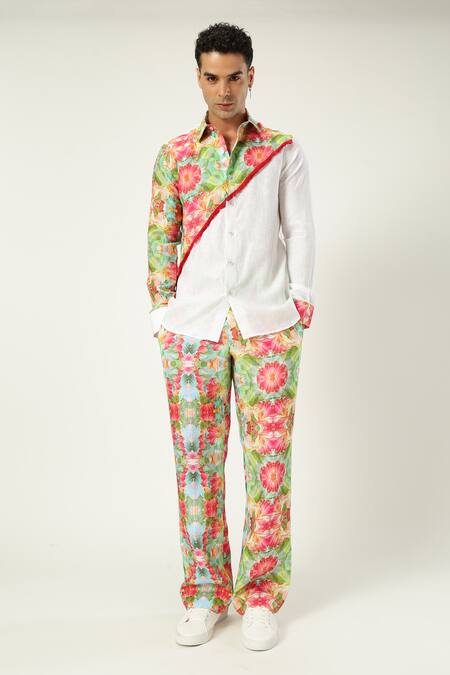 Paresh Lamba Signatures_White Linen Printed Patchwork Diagonal Shirt _Online_at_Aza_Fashions
