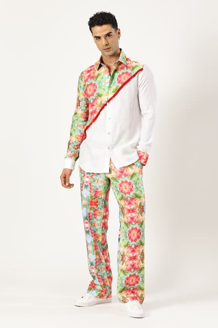 Buy_Paresh Lamba Signatures_White Linen Printed Patchwork Diagonal Shirt _Online_at_Aza_Fashions