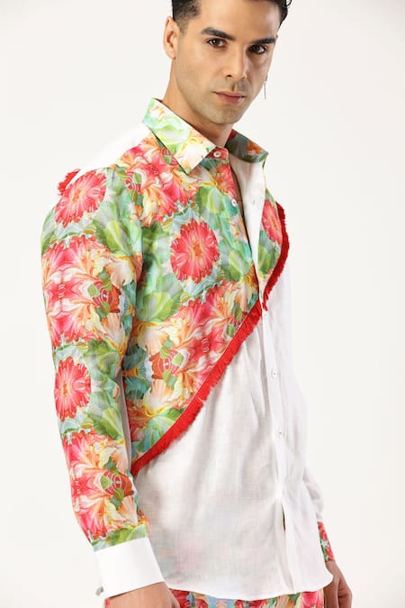 Buy_Paresh Lamba Signatures_White Linen Printed Patchwork Diagonal Shirt 