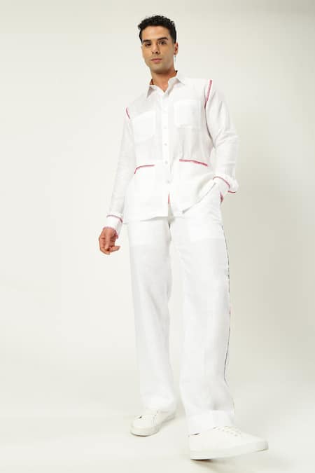 PARESH LAMBA SIGNATURES White Linen Threadwork Placed Shirt 