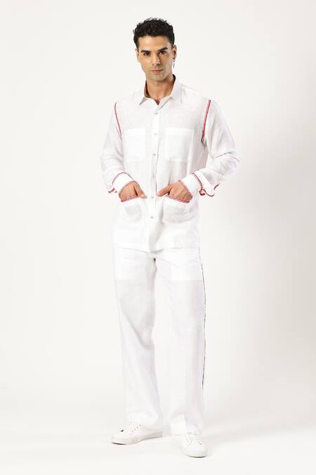 Buy_Paresh Lamba Signatures_White Linen Threadwork Placed Shirt _Online_at_Aza_Fashions