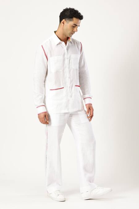 Paresh Lamba Signatures_White Linen Threadwork Placed Shirt _at_Aza_Fashions